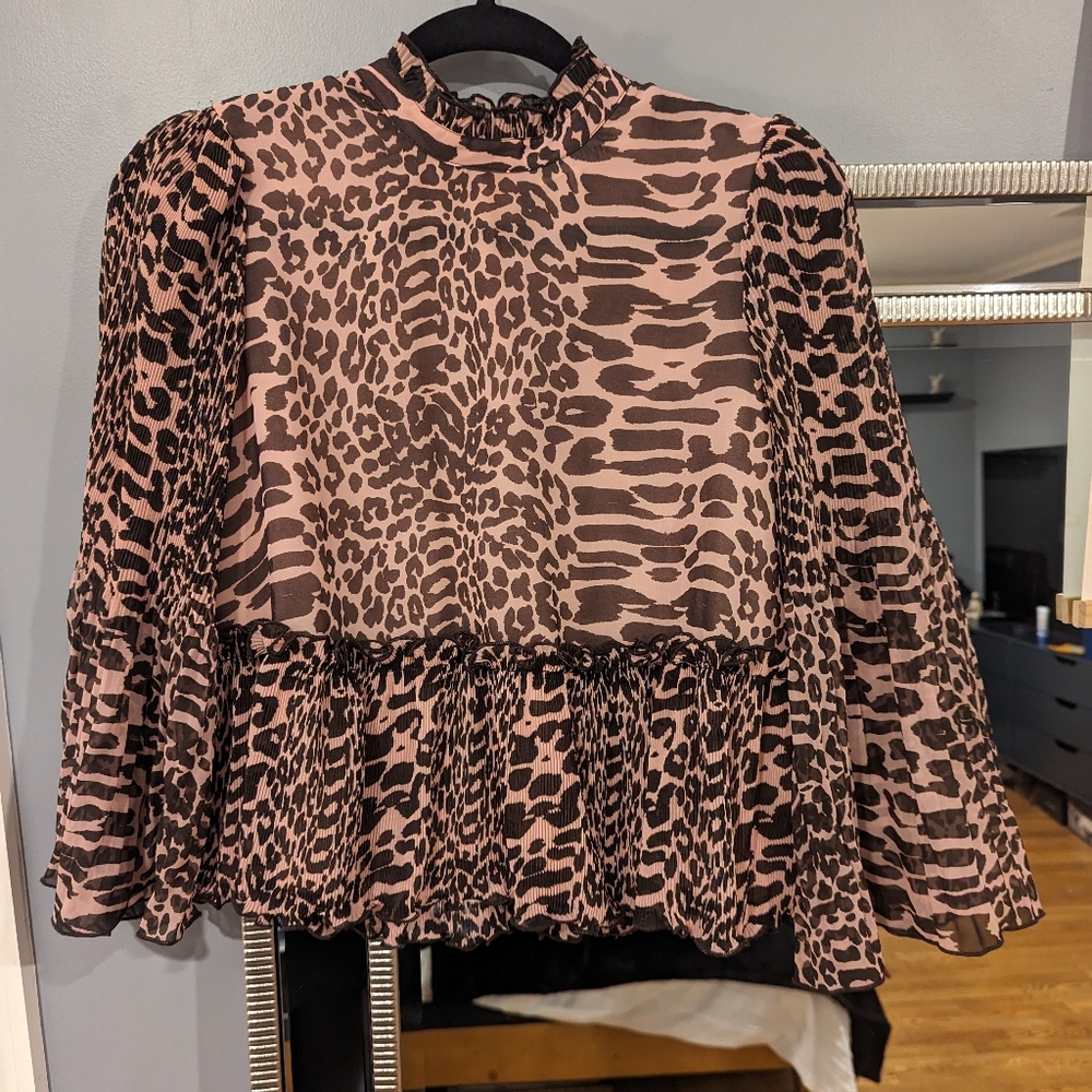 Ganni Georgette Pleated Leopard Blouse